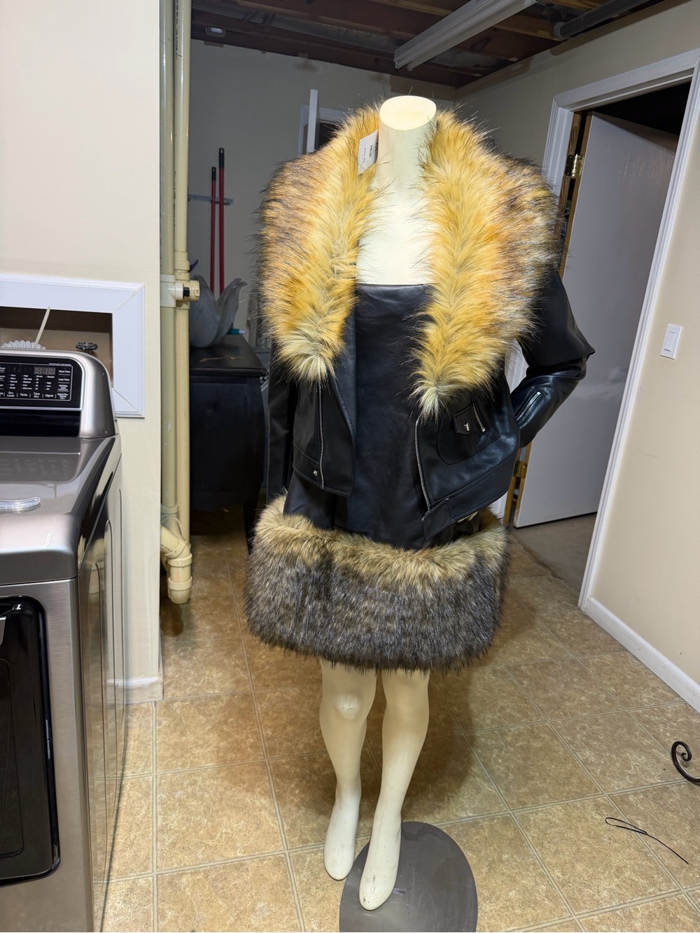 AKIRA Black Faux Leather Jacket with Fur Trim Strapless Dress